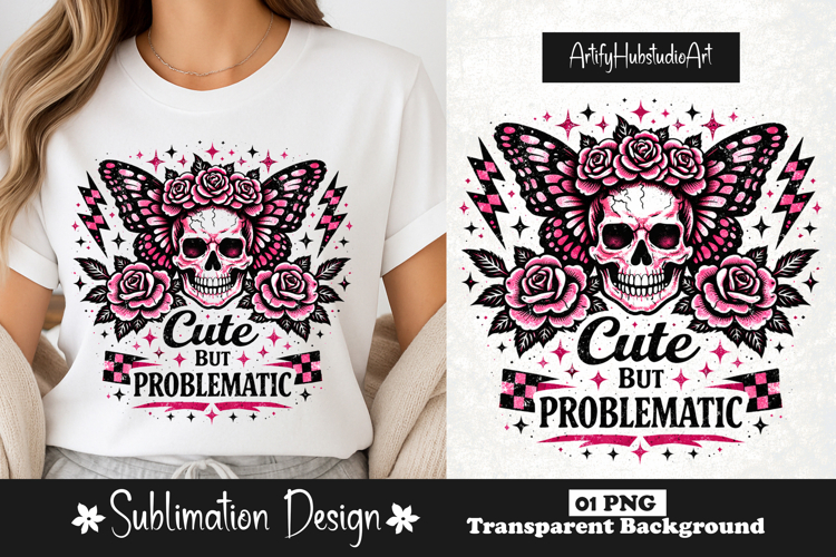 Cute But Problematic Skull Butterfly Pink Gothic Funny PNG