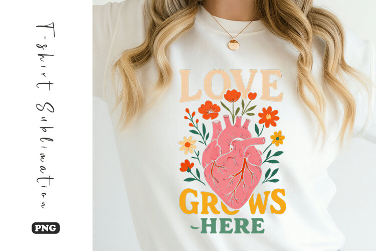 Love Grows Here Retro Floral T-Shirt Sublimation example image 1