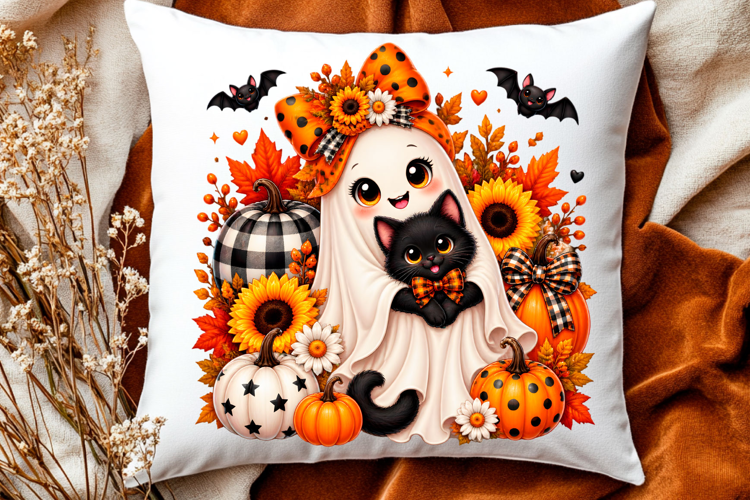 Cute Halloween ghost cat design with pumpkin,