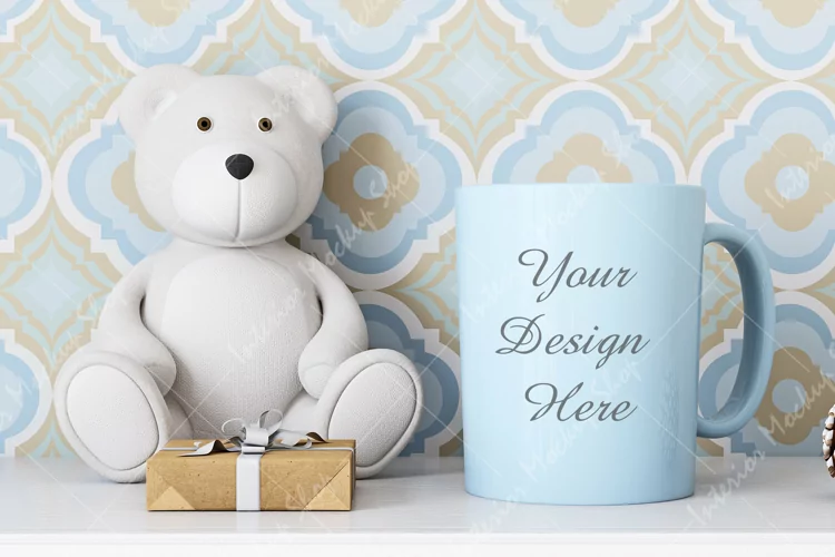 Blue coffee mug mockup with plush bear