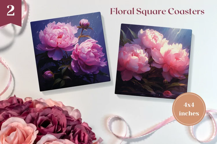 Flowers Square Coaster Design, Peony Sublimation PNG