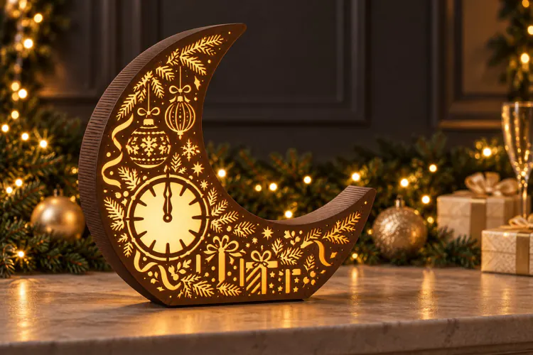 New Year Crescent Moon Lantern SVG - Midnight Clock and Town