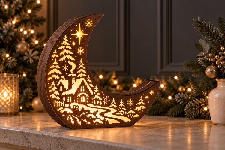 Christmas Crescent Moon Lantern SVG - Cottage & Deer example image 1