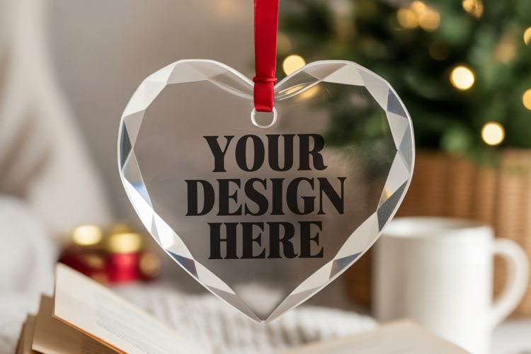 Christmas Heart Crystal Glass Ornament Mockups