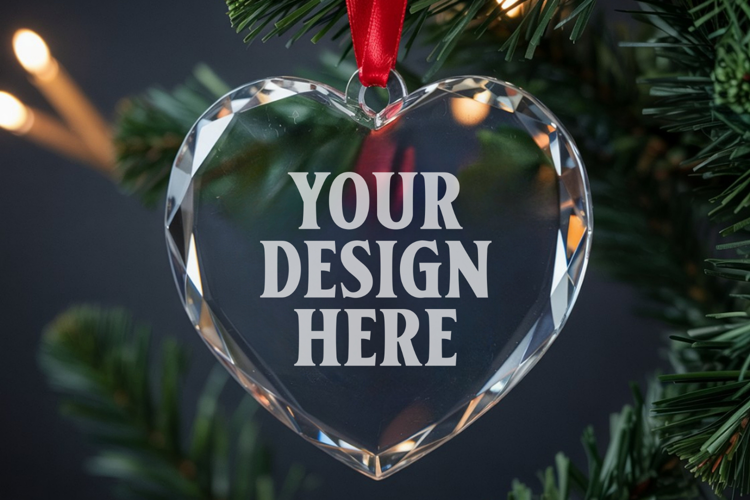 Christmas Heart Crystal Glass Ornament Mockup | Clear Heart