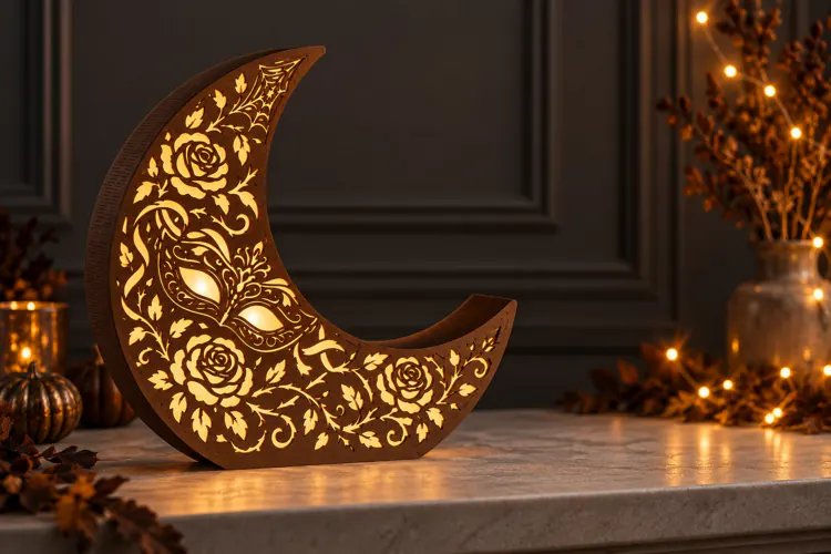 Halloween Crescent Moon Lantern SVG - Masquerade & Moths
