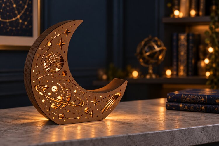 Space Crescent Moon Lantern SVG Laser Cut Files example image 1