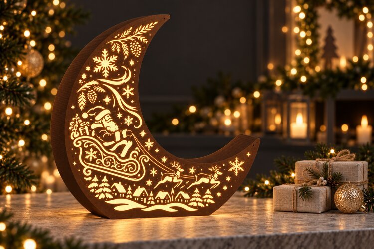 Santa and Reindeer Moon Lantern SVG Laser Cut Files example image 1