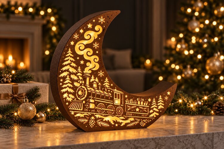 Christmas Train and Sleigh Moon Lantern Laser Cut SVG example image 1