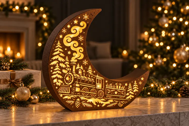 Christmas Train and Sleigh Moon Lantern Laser Cut SVG