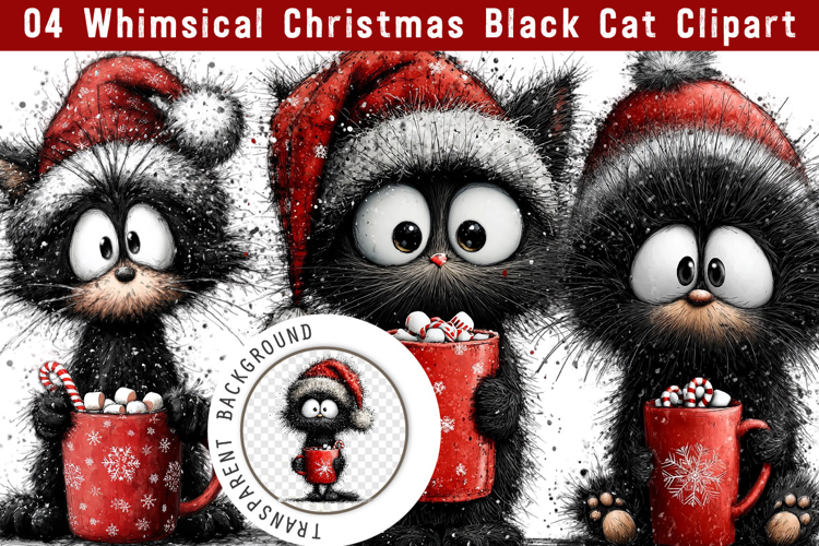 Whimsical Christmas Black Cat Clipart, Trending Christmas