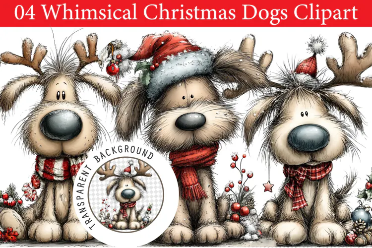Whimsical Christmas Dogs Clipart