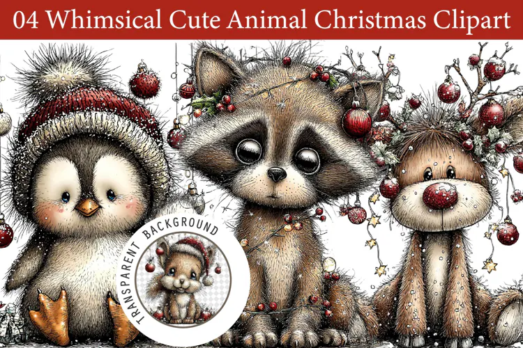 Whimsical Cute Animal Christmas Clipart