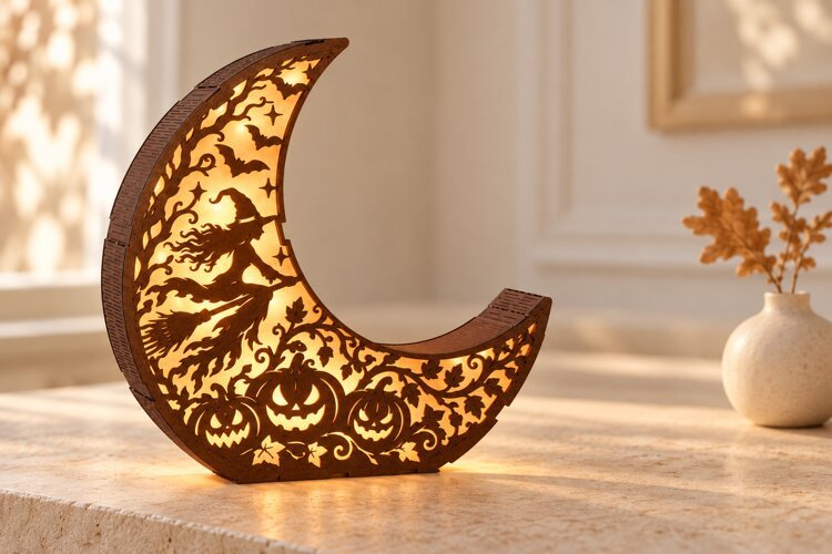 Halloween Crescent Moon Light SVG - Witch and Cat - 3mm example image 1