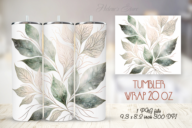 Green watercolor leaves straight tumbler 20oz wrap design