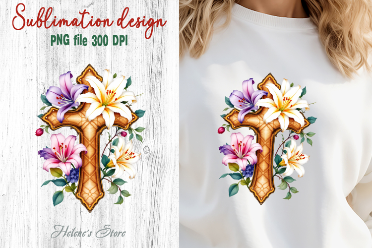 Easter Cross flowers Sublimation designs | Religious clipart
