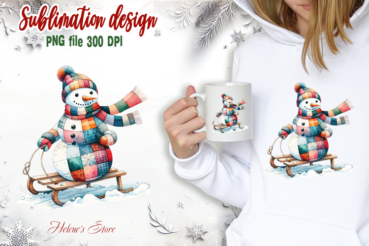 Cute Snowman on Sled clipart |Retro patchwork t shirt design