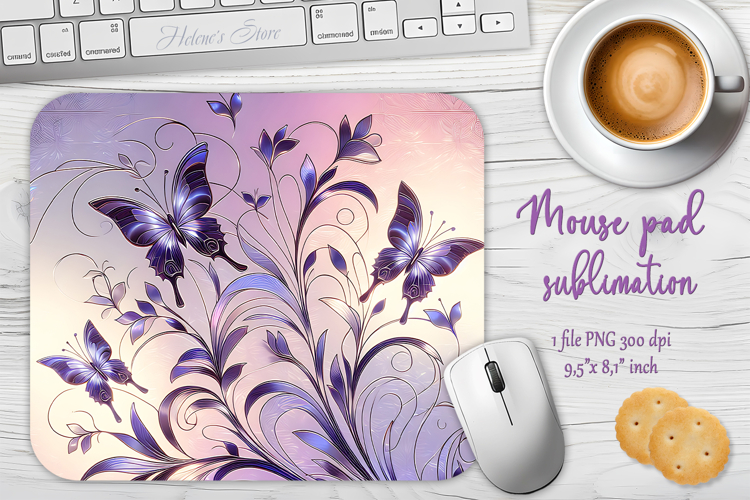 Iridescent lilac butterflies mouse pad sublimation design