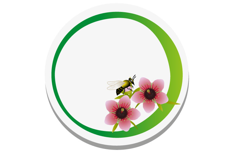 Eco sticke with manuka flowers and bee on white background.