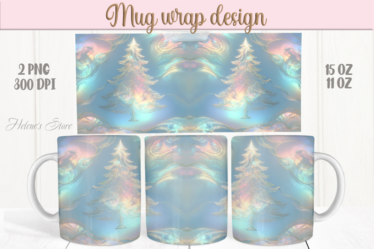Pastel Magical Christmas mug wrap png |Blue & gold mug desig