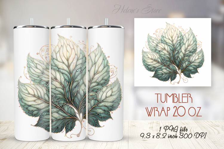 Green watercolor leaves straight tumbler 20oz wrap design