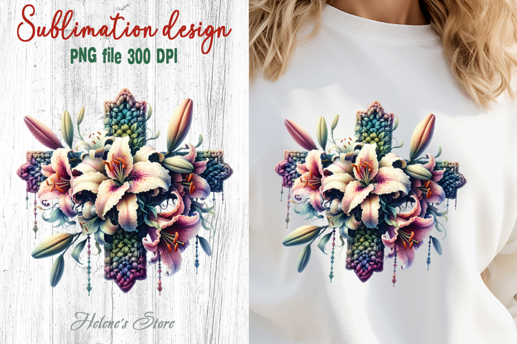 Easter Cross flowers Sublimation designs | Religious clipart
