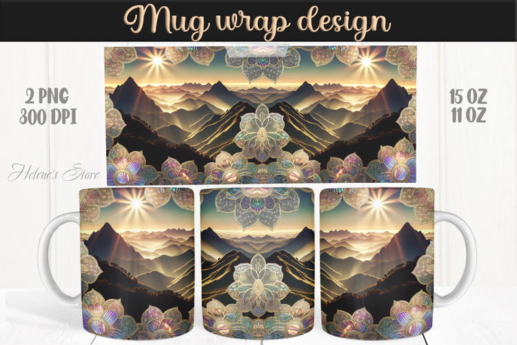 Fantasy mountains iridescent design mug wrap 15oz 11oz png