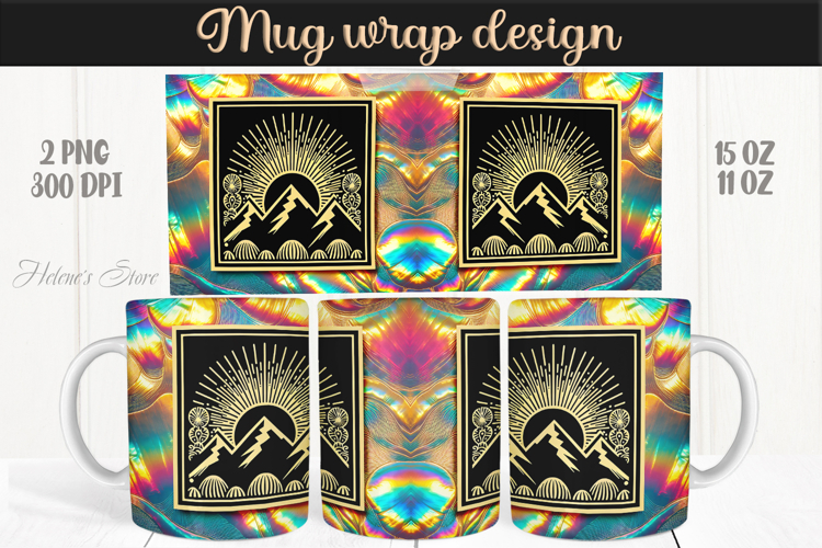 Fantasy mountains iridescent design mug wrap 15oz 11oz png