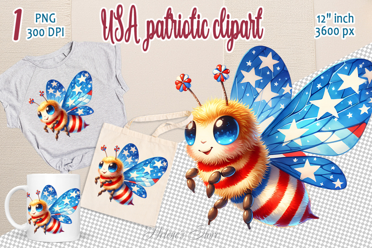 Funny bees in American flag colors clipart |Independence Day