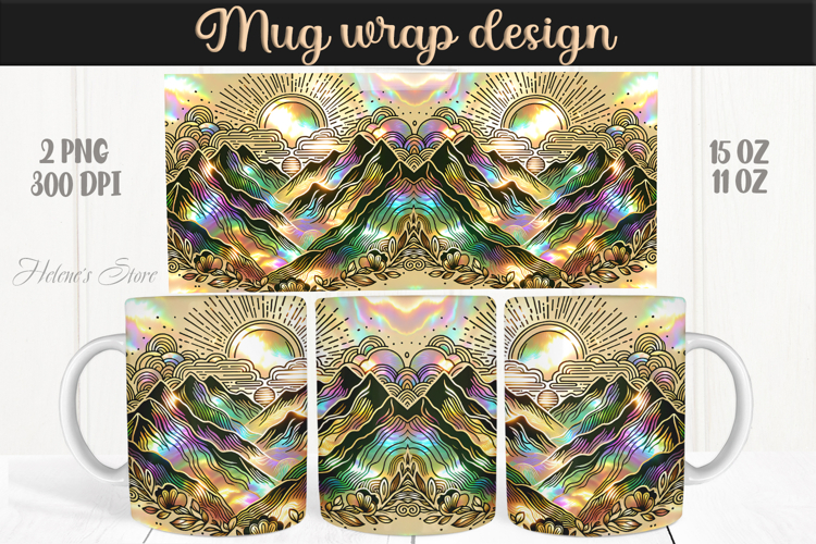 Fantasy mountains iridescent design mug wrap 15oz 11oz png