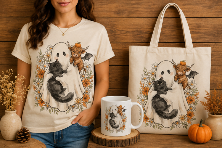 Ghost with Black Cat and Highland Cow Daisy Design