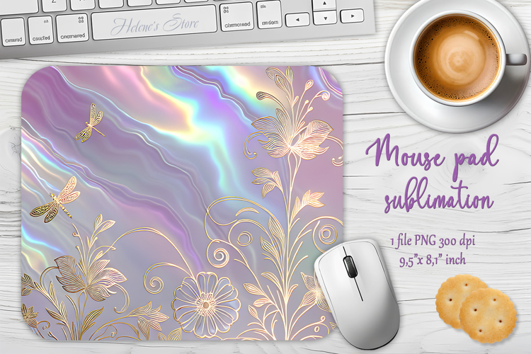Iridescent lilac golden floral mouse pad sublimation design