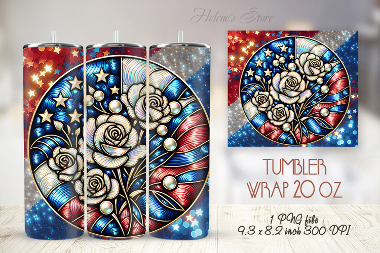 USA Patriotic tumbler wrap 20oz |Fourth of July rose flowers