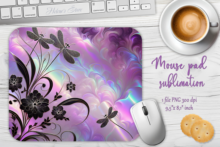 Iridescent lilac black floral mouse pad sublimation design