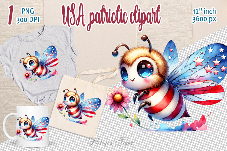 Funny bees in American flag colors clipart |Independence Day