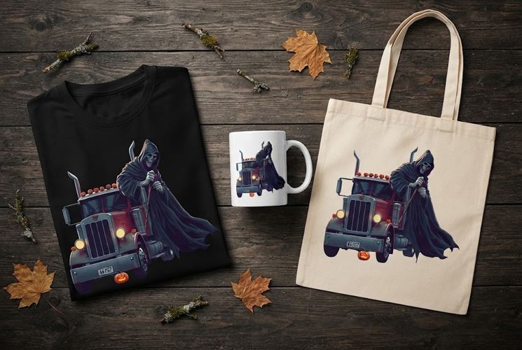 Grim Reaper Semi Truck Halloween Design with Pumpkins
