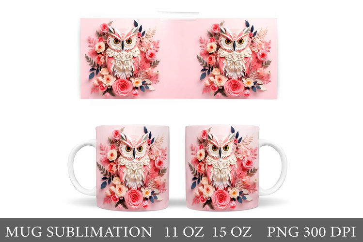 Pink Owl Mug Wrap Design. Paper Owl Mug Sublimation