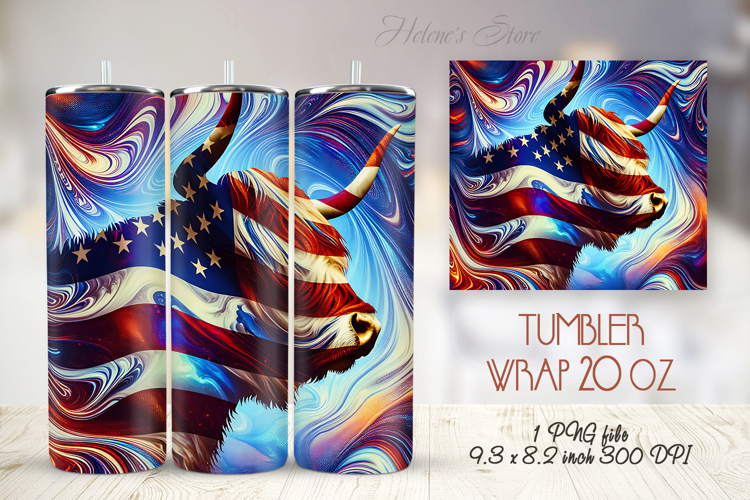 USA Fourth of July tumbler wrap 20oz |Patriotic Highland cow