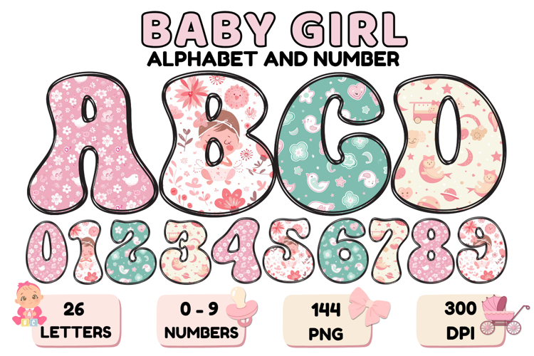 Baby Girl Alphabet PNG Cute Baby Letters & Numbers 300 DPI