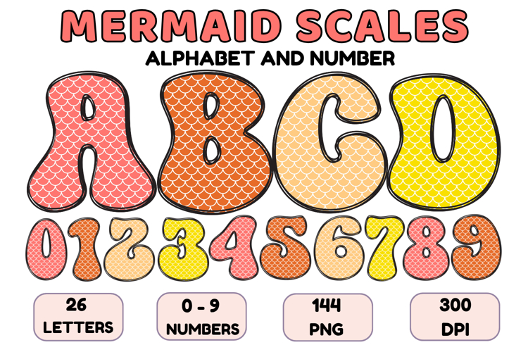 Mermaid Scales Alphabet Letters & Numbers Clipart PNG 300DPI