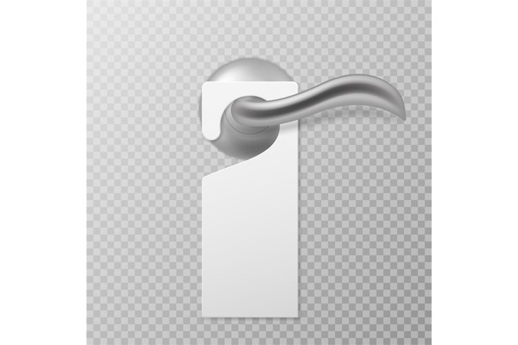 Hotel door handle. White blank plastic hanger hangs on door, example image 1