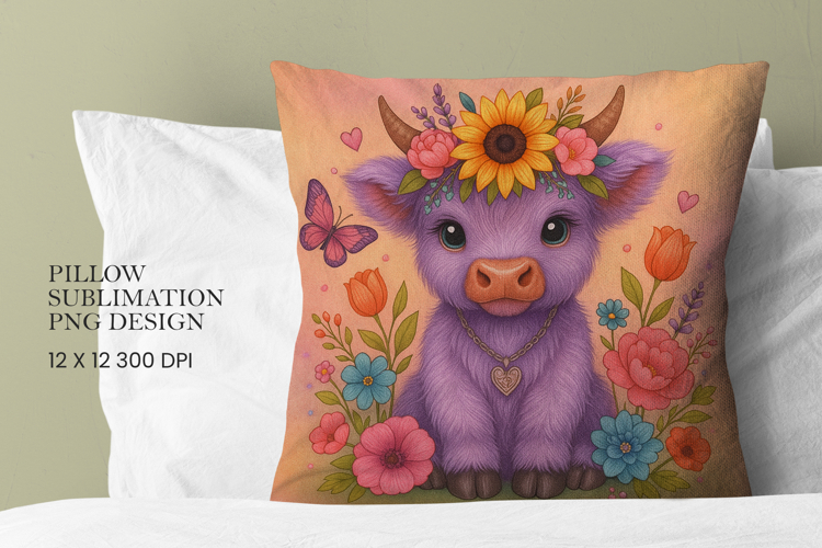 Highland Cow Flowers Pillow Sublimation PNG