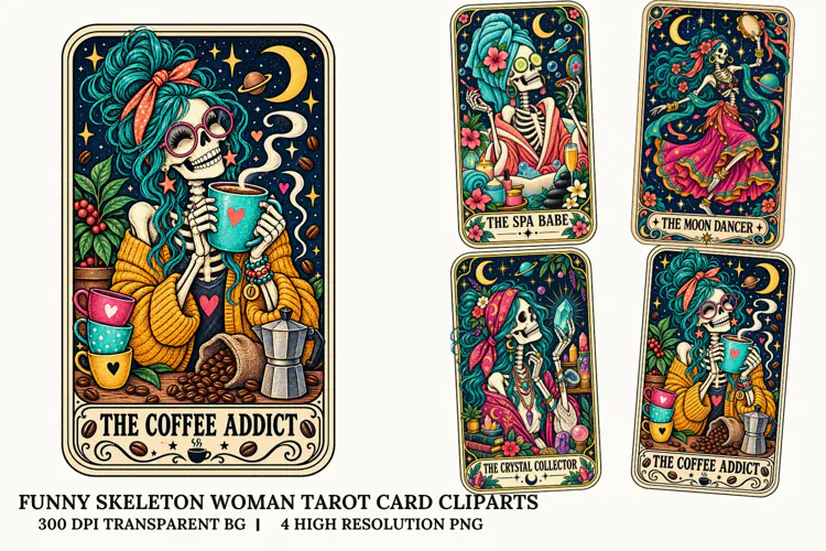 Funny Skeleton Women Tarot PNG Gothic Halloween Sublimation
