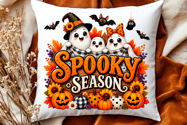 Spooky season Halloween ghost trio with pumpkins
