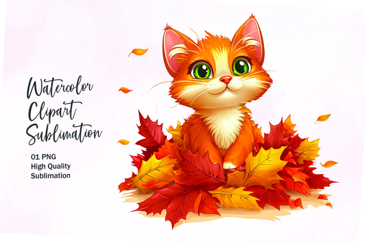 Cute cat with autumn leaves clipart png