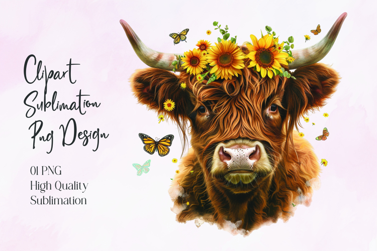 Highland Cow Sunflower Floral Sublimation PNG