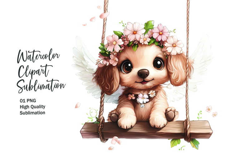 Cute dog sitting in wooden swing clipart png