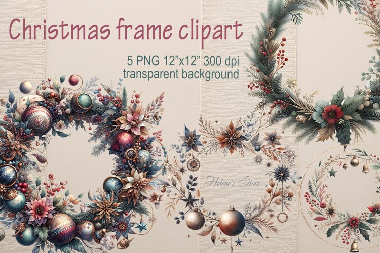 Christmas floral round frame | Watercolor frame clipart PNG example image 1