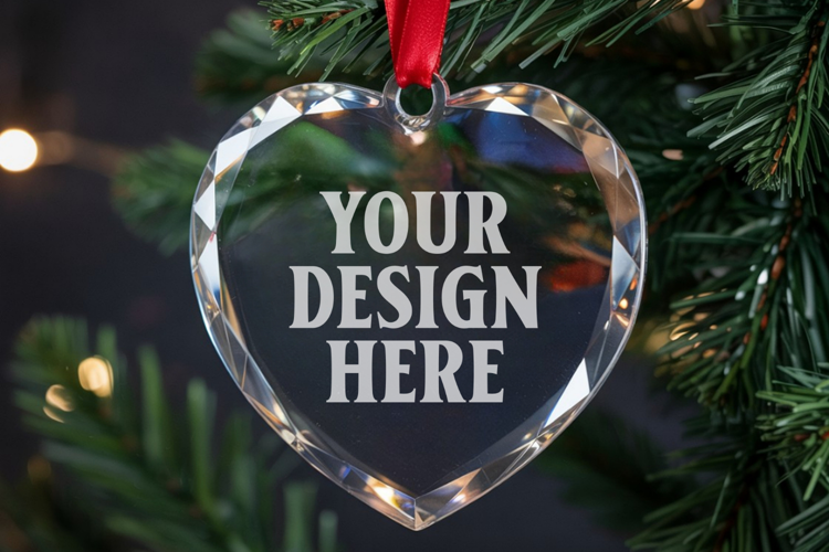 Christmas Heart Crystal Glass Ornament Mockup | Clear Heart