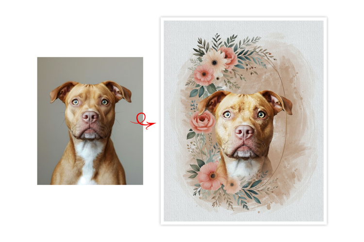 Pet Portrait with Watercolor Flowers